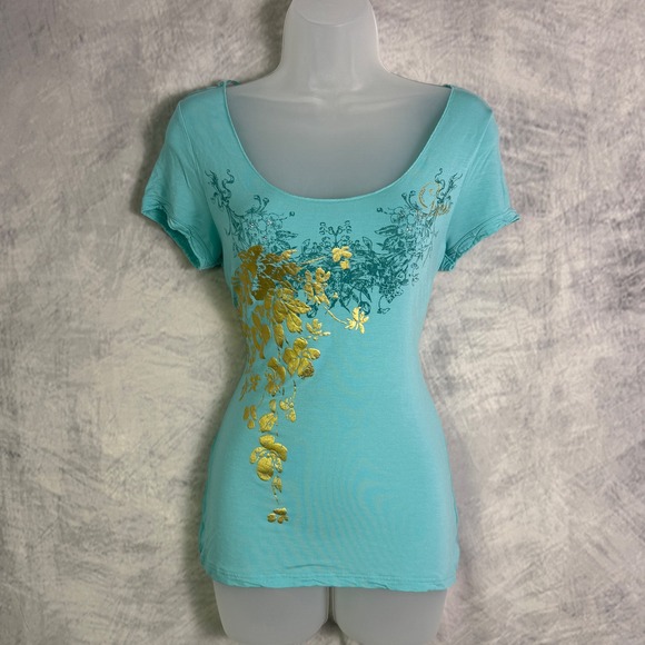 Vtg Y2k Guess Top sz S Teal Floral Gold Accent twist Tie Back Indie club kid - Picture 1 of 8